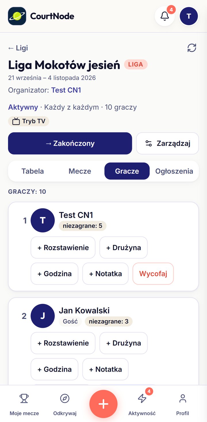 Widok organizatora: gracze z rozstawieniem, drużyną, godziną i notatką