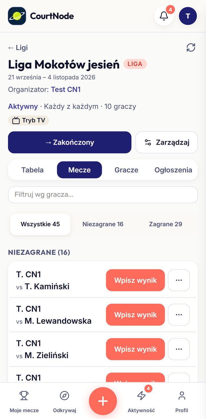 Zakładka Mecze ligi: niezagrane i zagrane z przyciskiem Wpisz wynik