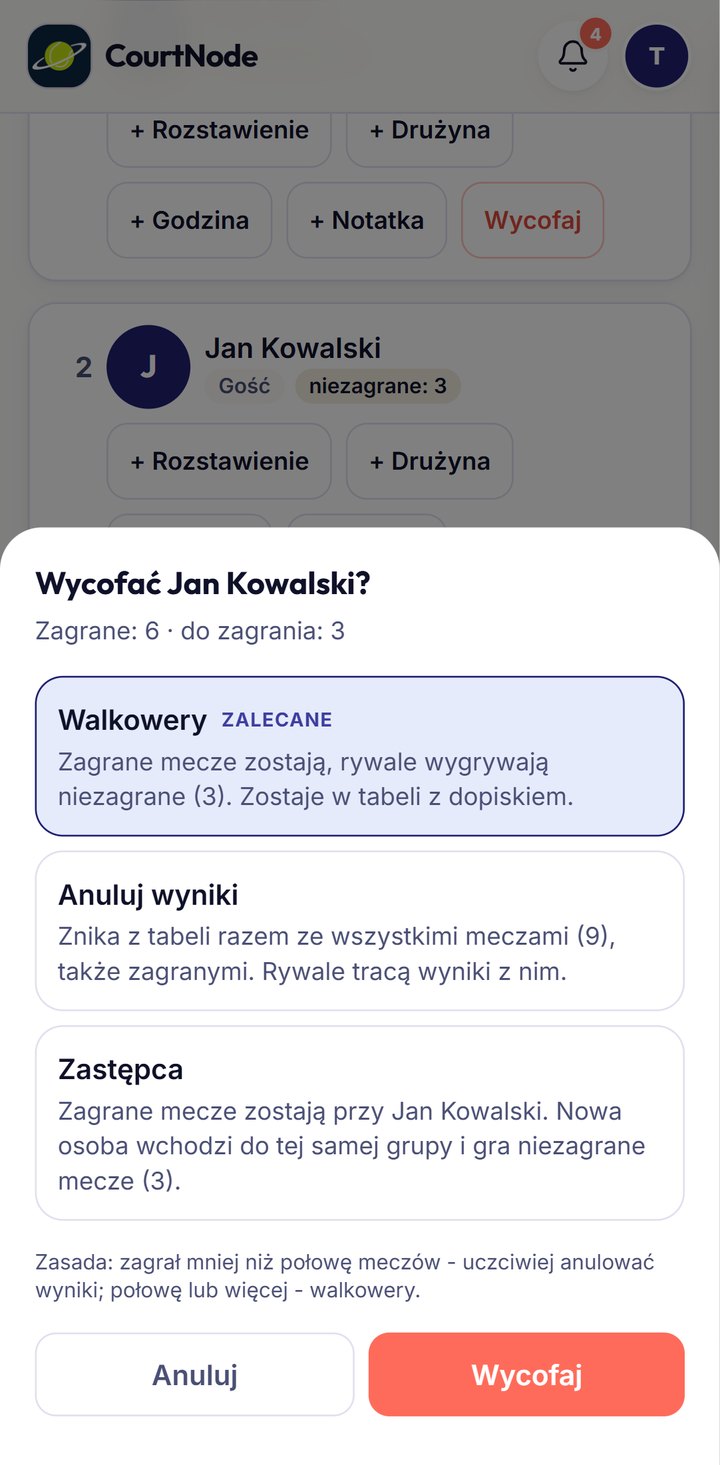 Okno wycofania gracza z trzema opcjami: walkowery, anuluj wyniki, zastępca