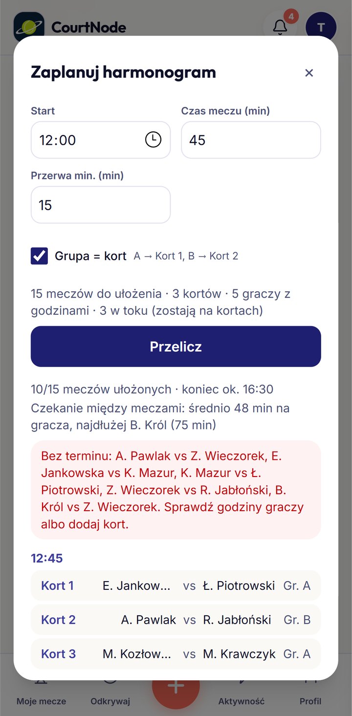 Okno planowania harmonogramu dnia: start, czas meczu, przerwa, statystyka czekania