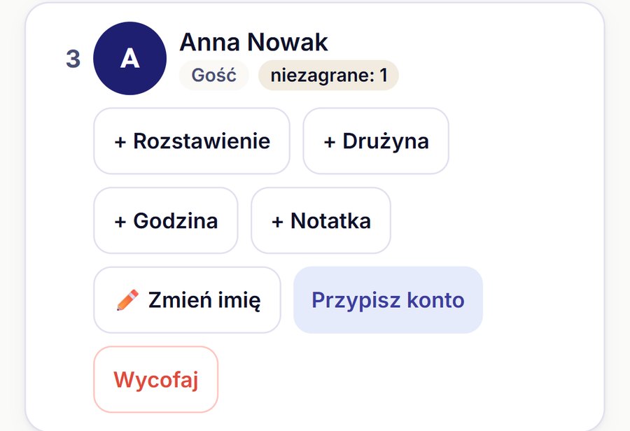 Karta gracza-gościa z przyciskami Zmień imię i Przypisz konto