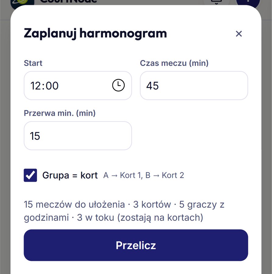 Okno Zaplanuj harmonogram: start, czas meczu, przerwa, grupa na kort