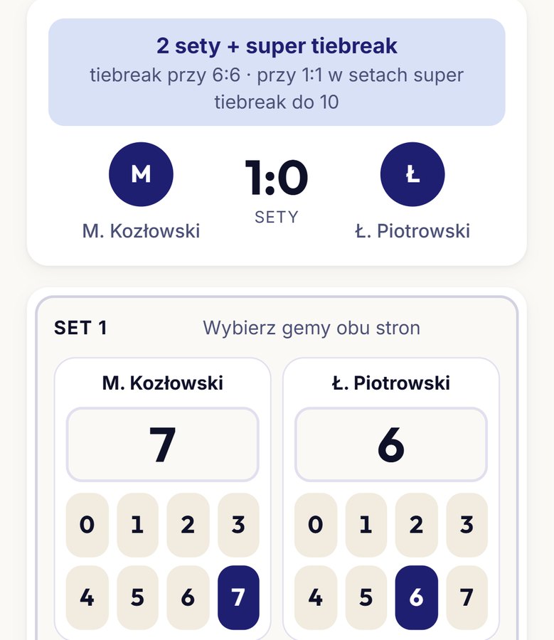 Wpisywanie wyniku: klawiatura cyfr, set 7:6