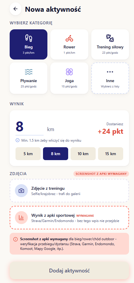 Resi4Fit - dodawanie aktywności